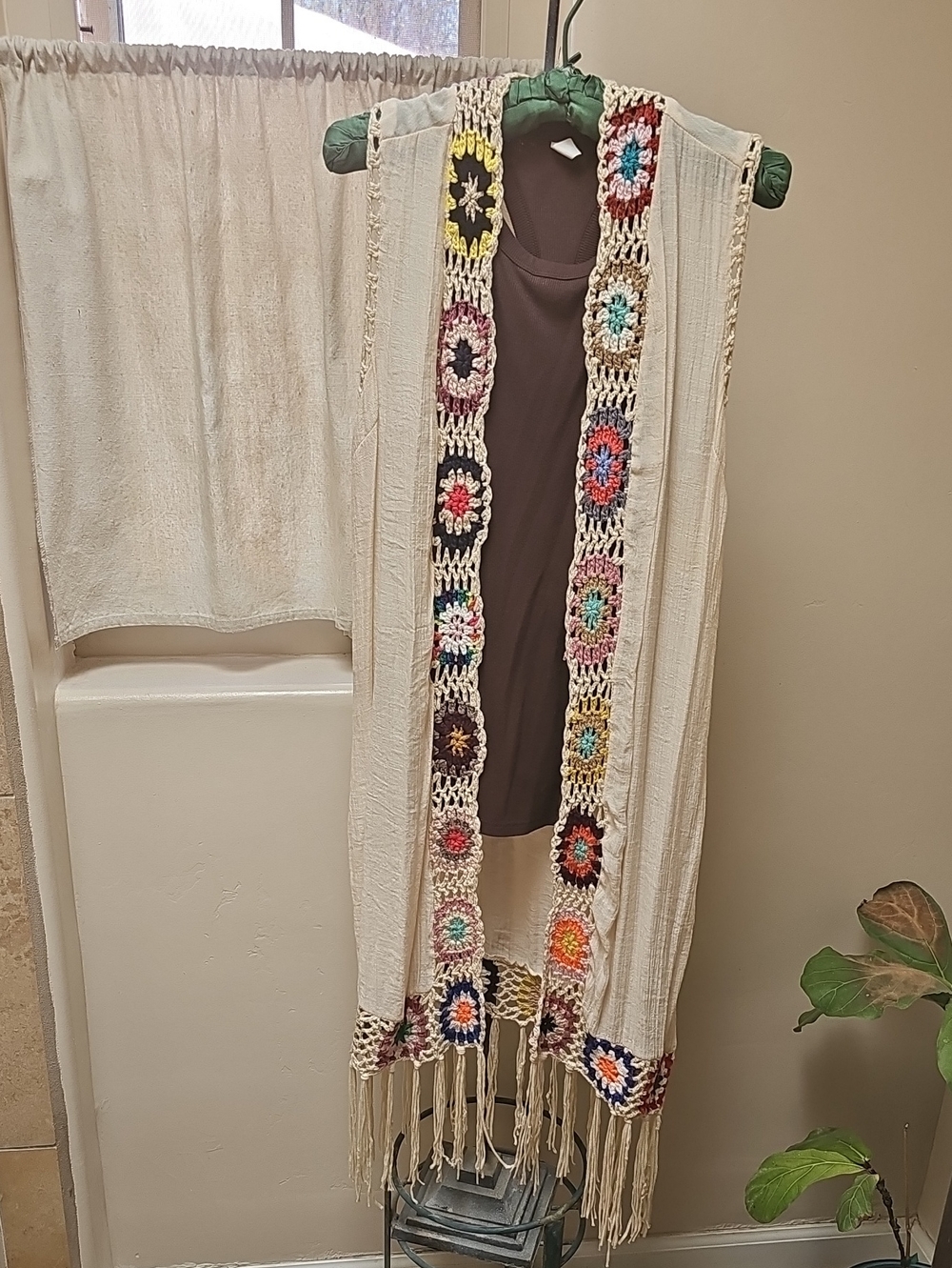 Boho Crochet Trim Fringe Duster Vest - Cream with Multicolor Accents